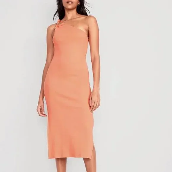 Old Navy Fitted One-Shoulder Double-Strap Rib-Knit Midi Dress for Women New - Picture 1 of 7